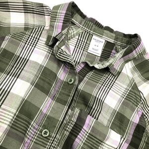 Arizona Jean Co. Womens Long Sleeve Button Up Shirt Green Plaid Asymmetrical Hem